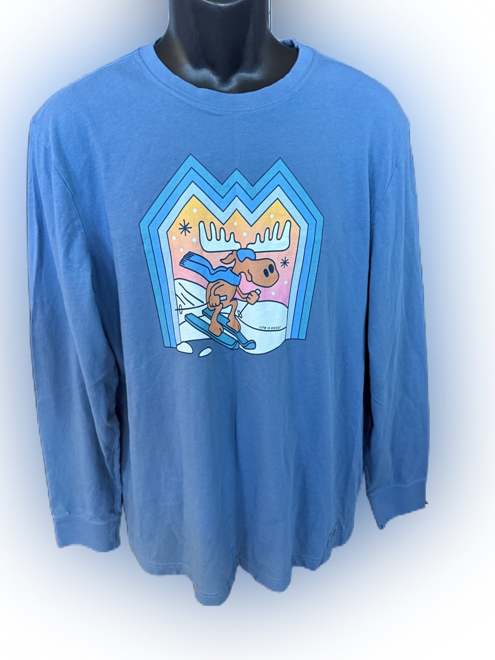Life Is Good Men’s Long Sleeve Crusher Tee Moose Skiing Winter. Size Large